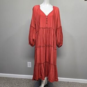 Storia Maxi Dress Large Terra Cotta Red Tiered Long Sleeve Casual Bohemian Flowy